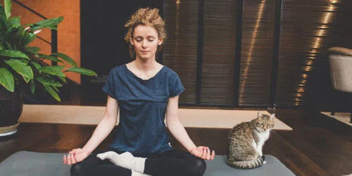 woman doing yoga with cat