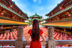 Chinese woman standing with her back to the camera facing a temple filled with rows of traditional Chinese lanterns.