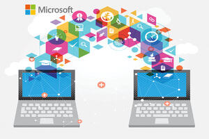 A digitally created image of two open laptop screens, with a flurry of digital icons and symbols flying between them