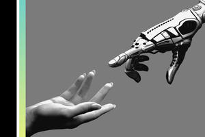 Medtech: AI and Robotics, black and white image of human hand reaching out to robotic hand