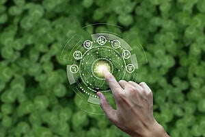 An image of a circular business model overlaid on a field of clover