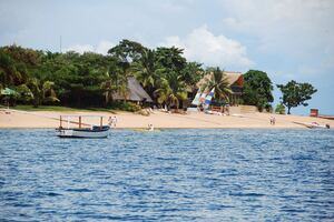 Malawi beach white boat on sea near palm trees