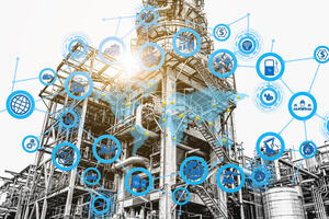 Multiple blue icons of digitalisation over a chemical refinery plant to represent data-based techniques and methods for the chemical and process industries.