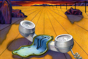 Surrealist illustration in the style of Salvador Dali, showing telelphone and melting clock.