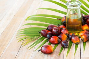 A glass bottle of oil surrounded by palm fruit laid out on a palm leaf