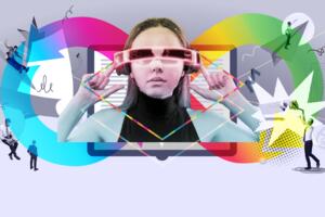 Girl wearing VR glasses with abstract digital information being presented to her. 