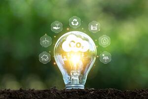 Sustainability concept. Light bulb with environmental icons,Reduce CO2 emission , Sustainable development, and Renewable energy-based green businesses can limit climate change and global warming. renewable energy.