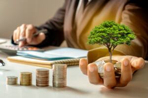 Growing tree in the hands of a businessman