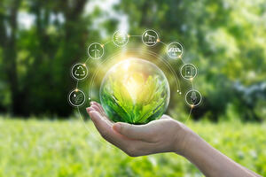 hands holding a bright ball of leaves, with an overlay of icons signifying green actions