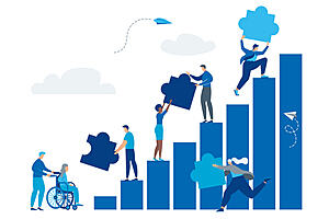 Cartoon of people on a blue graph handing jigsaw pieces between each other with a wheelchair user at the bottom of the graph on the left hand side.